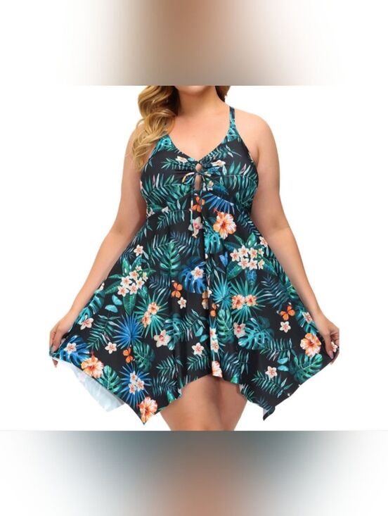 Source Unknown Other - Black Tropical Floral One-Piece Swim Dress 4XL V-Neck Handkerchief Hem Plus Size